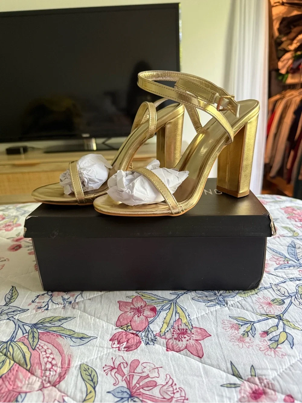 PrettyLittleThing Metallic Gold Block Heel Strappy Sandals